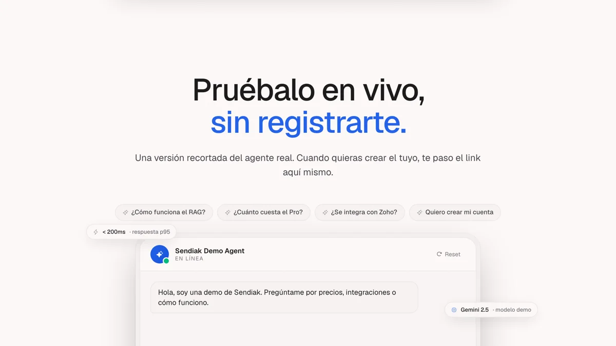 Demo en vivo del agente de IA de Sendiak respondiendo preguntas sobre RAG, precios e integraciones en un chat de WhatsApp Business